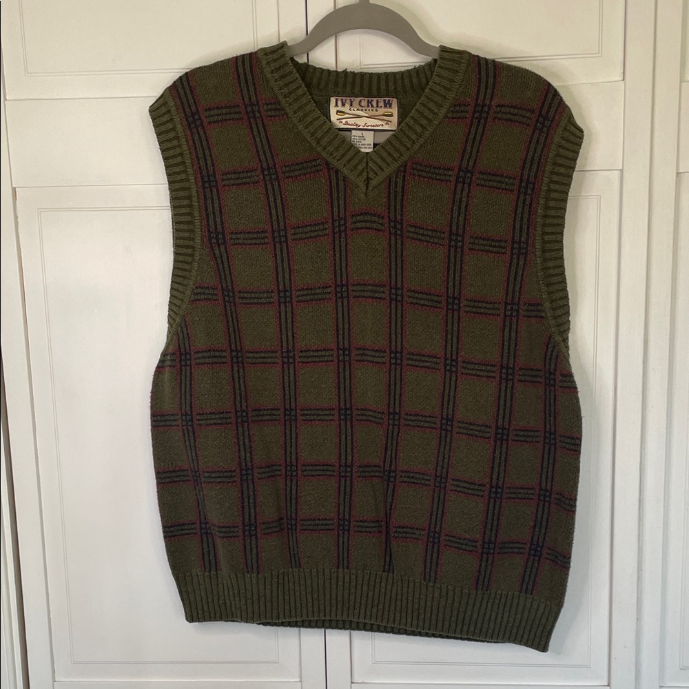 Vintage Ivy Crew Plaid V-Neck Men's Sweater Vest SzL